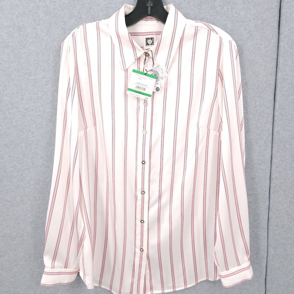 Anne Klein Collared Button Front White Dove Striped Long Sleeve Blouse Womens L